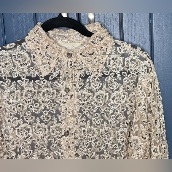 Vintage Cache Cream Beaded Floral Button Down Shirt Shacket Large Art To Wear - Picture 2 of 5